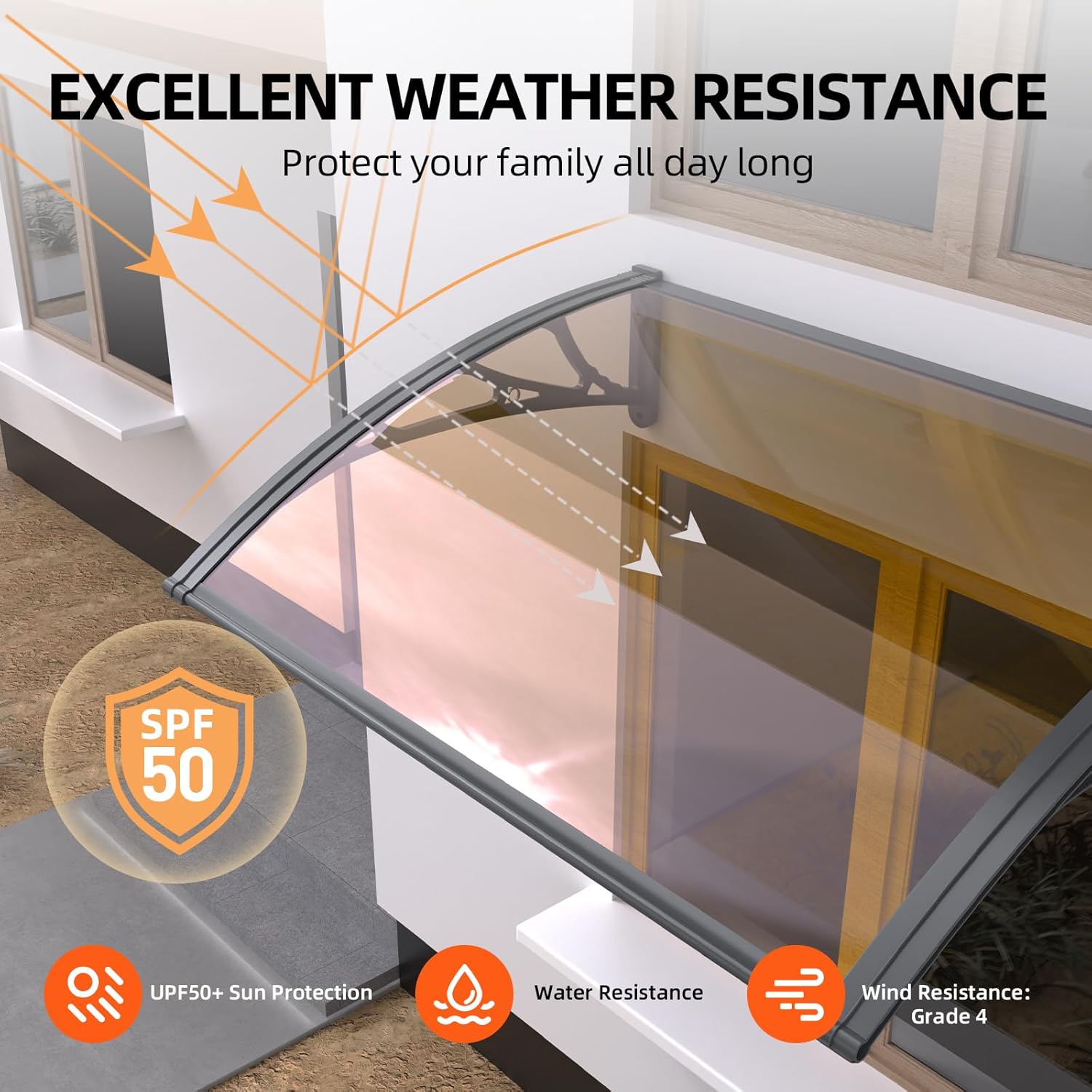 GUANSU-CN Window Awning Door Canopy Polycarbonate Solid Sheet Patio Cover with Plastic Bracket Aluminum Fixing Bars for Sun Shutter, UV, Rain, Snow Protection